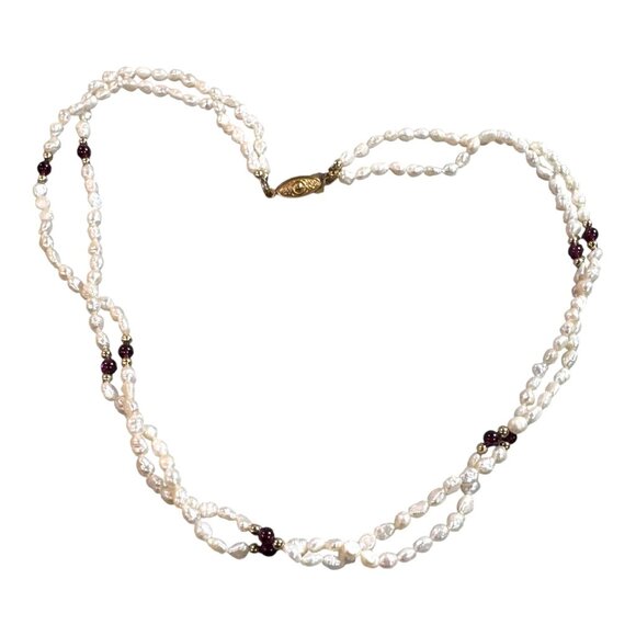 Vintage Freshwater Pearl Garnet Beaded Necklace Twisted Double Strand Gold Clasp - Picture 7 of 8